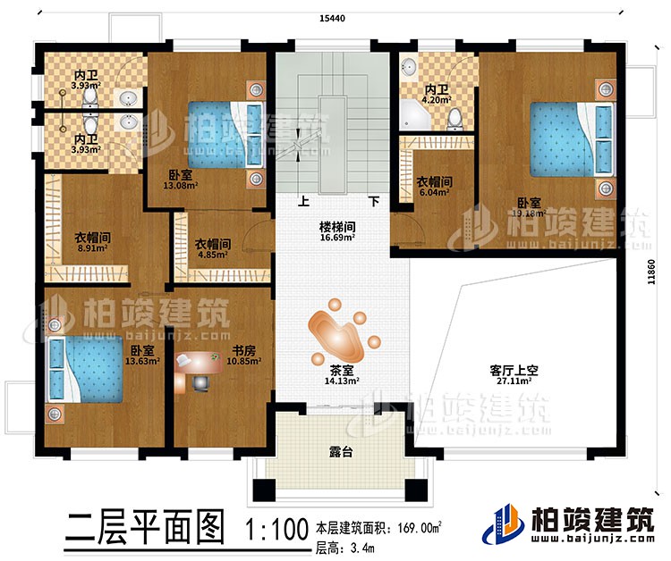 二層：茶室、樓梯間、客廳上空、3臥室、3衣帽間、書(shū)房、3內(nèi)衛(wèi)、露臺(tái)