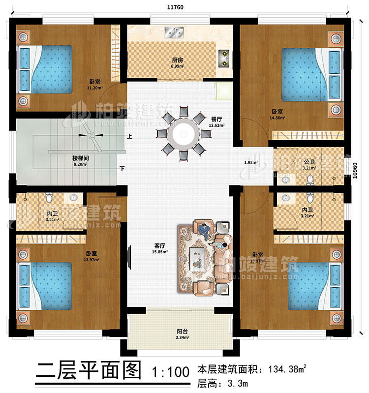 二層：樓梯間、客廳、餐廳、廚房、4臥室 、公衛(wèi)、2內(nèi)衛(wèi)、陽臺