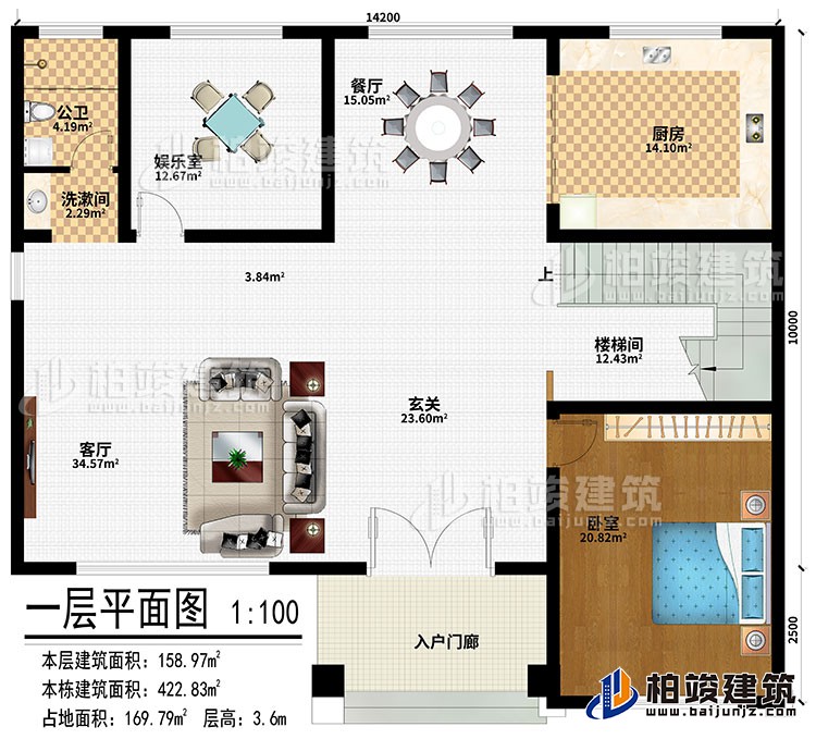 一層：入戶門廊、玄關(guān)、客廳、餐廳、廚房、娛樂(lè)室、樓梯間、臥室、洗漱間、公衛(wèi)