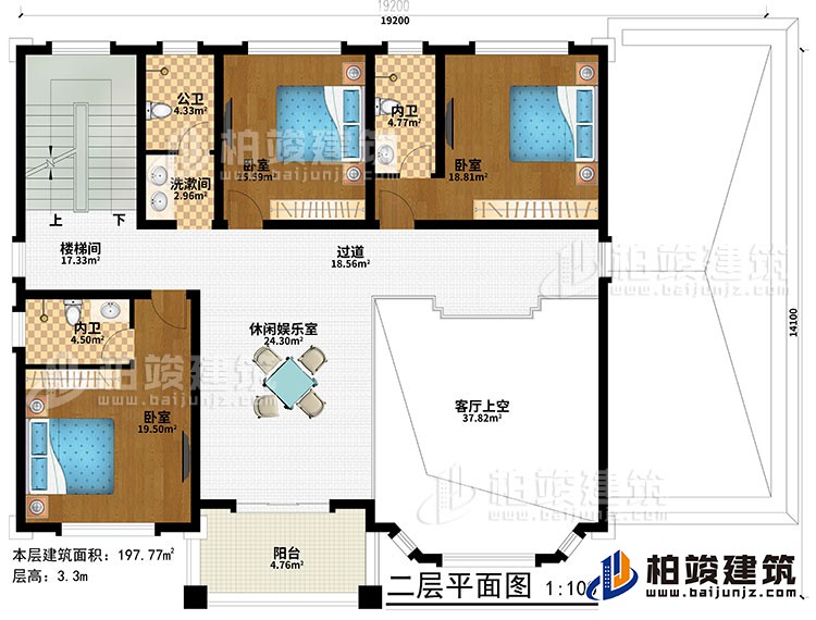 一層：休閑娛樂(lè)室、樓梯間、客廳上空、過(guò)道、3臥室、洗漱間、公衛(wèi)、2內(nèi)衛(wèi)、陽(yáng)臺(tái)