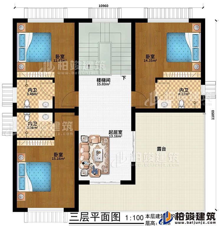 三層：起居室、樓梯間、3臥室、3內(nèi)衛(wèi)、露臺