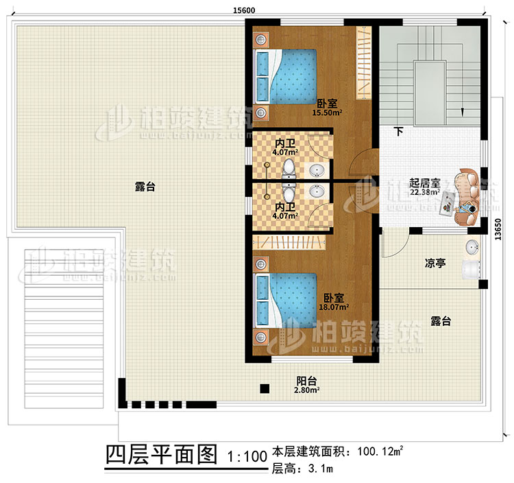 四層：起居室、2臥室、2內(nèi)衛(wèi)、涼亭、陽臺、2露臺