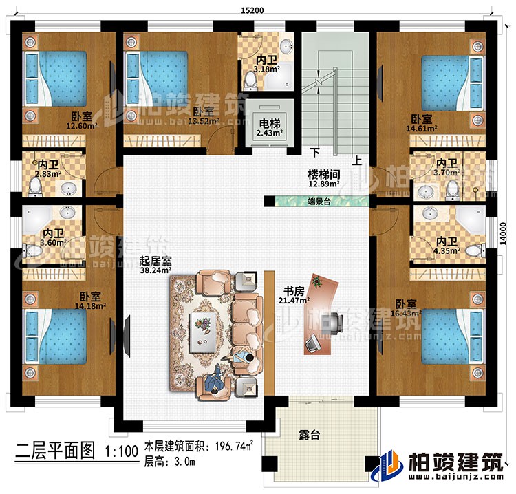 二層：樓梯間、端景臺、起居室、書房、5臥室、電梯、5內(nèi)衛(wèi)、露臺