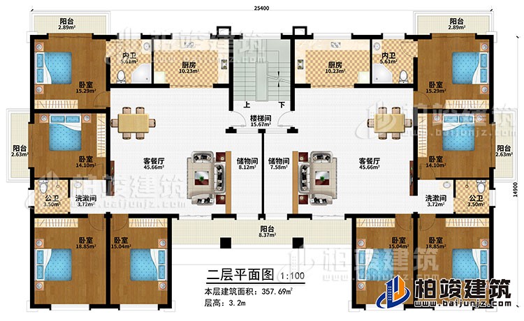 二層：樓梯間、2客餐廳、2儲(chǔ)物間、2廚房、8臥室、5陽(yáng)臺(tái)、2內(nèi)衛(wèi)、2公衛(wèi)、2洗漱間