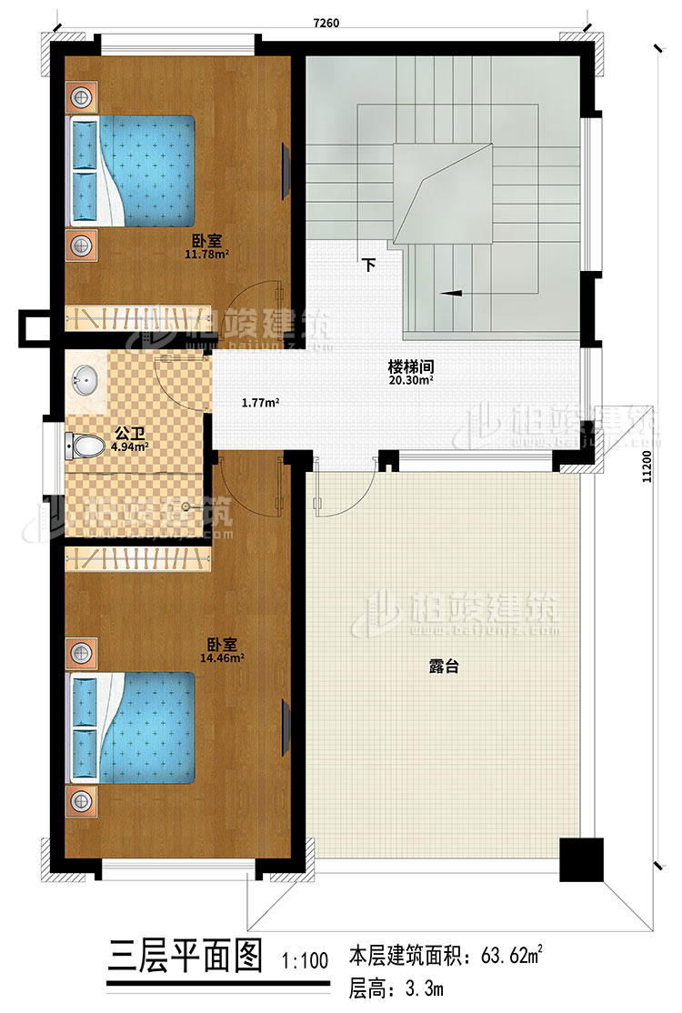 三層：2臥室、樓梯間、公衛(wèi)、露臺