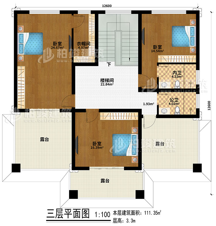 三層：樓梯間、3臥室、公衛(wèi)、內(nèi)衛(wèi)、3露臺、衣帽間