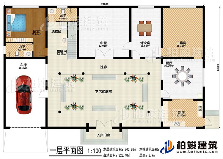 一層：入戶門廊、下沉式庭院、樓梯間、洗衣區(qū)、中堂、烤火房、工具房、餐廳、廚房、車庫、臥室、內(nèi)衛(wèi)、過廊