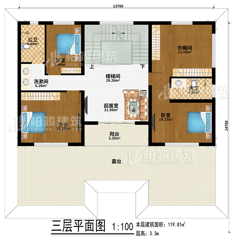 三層：樓梯間、起居室、3臥室、衣帽間、洗漱間、公衛(wèi)、內(nèi)衛(wèi)、陽臺、露臺