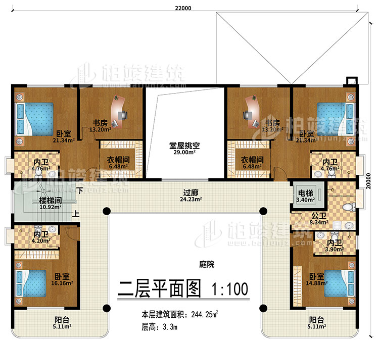 二層：堂屋挑空、過廊、樓梯間、電梯、4臥室、2衣帽間、2書房、4內(nèi)衛(wèi)、公衛(wèi)、2陽臺