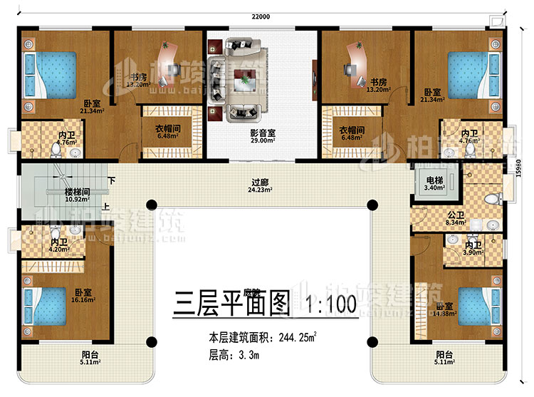 三層：影音室、過廊、樓梯間、電梯、4臥室、2衣帽間、2書房、4內(nèi)衛(wèi)、公衛(wèi)、2陽臺