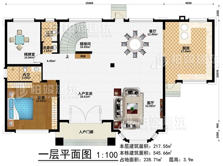 一層：樓梯間、3臥室、衣帽間、公衛(wèi)、內(nèi)衛(wèi)、陽光房、涼亭、2露臺