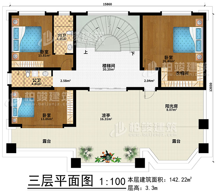 三層：樓梯間、3臥室、衣帽間、公衛(wèi)、內(nèi)衛(wèi)、陽光房、涼亭、2露臺