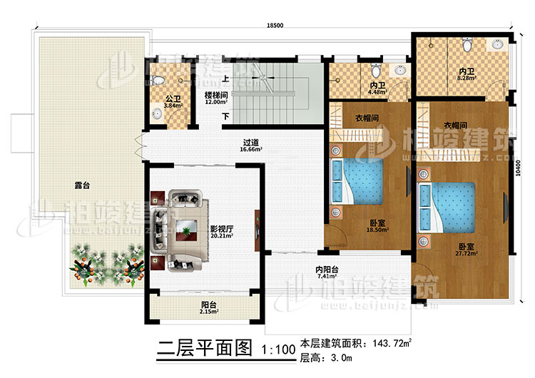 二層：樓梯間、過道、內陽臺、影視廳、2臥室、2衣帽間、陽臺、露臺、公衛(wèi)、2內衛(wèi)