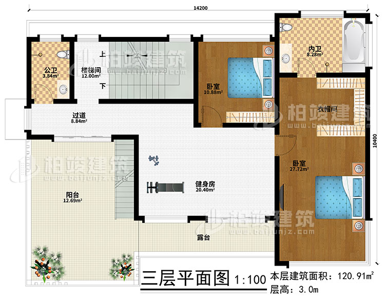 三層：健身房、樓梯間、2臥室、衣帽間、過道、公衛(wèi)、內衛(wèi)、陽臺、露臺