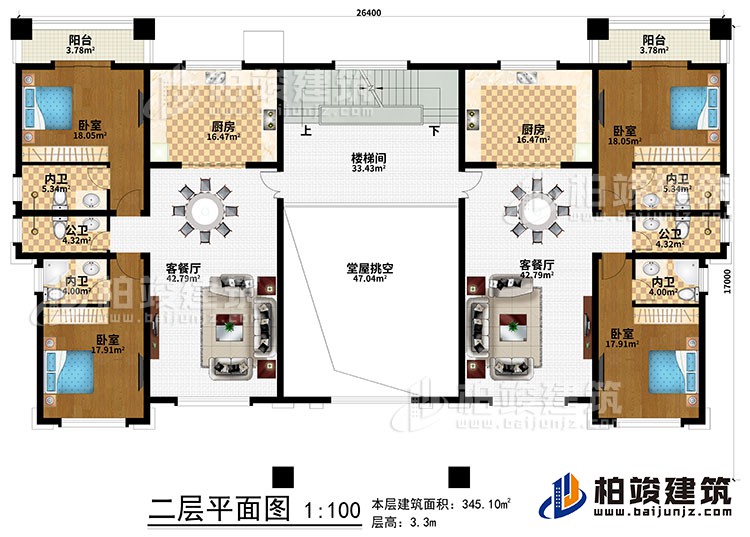 二層：堂屋挑空、樓梯間、2廚房、2客餐廳、4臥室、2公衛(wèi)、4內(nèi)衛(wèi)、2陽臺(tái)