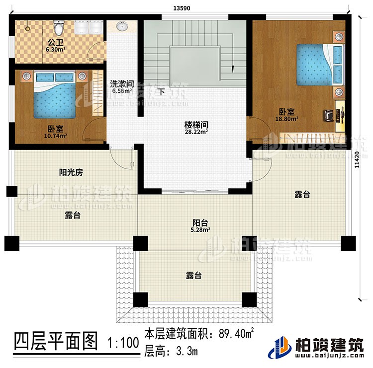 四層：樓梯間、洗漱間、2臥室、陽光房、公衛(wèi)、陽臺、3露臺