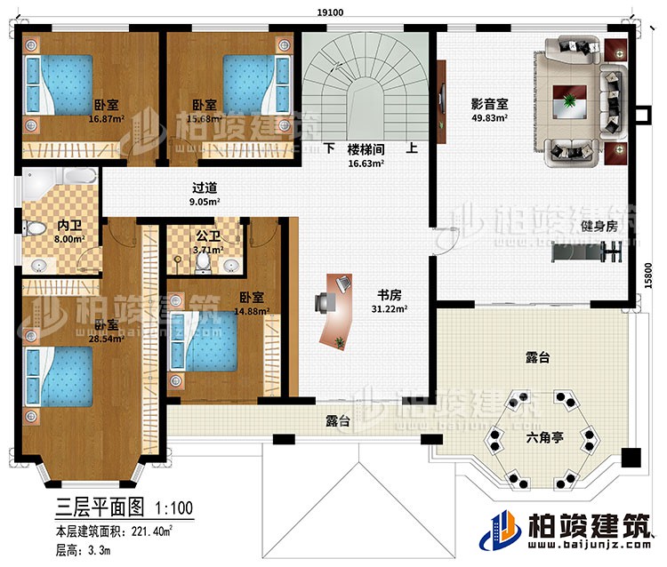 三層：樓梯間、書房、過道、4臥室、公衛(wèi)、內(nèi)衛(wèi)、影音室、健身房、2露臺、六角亭