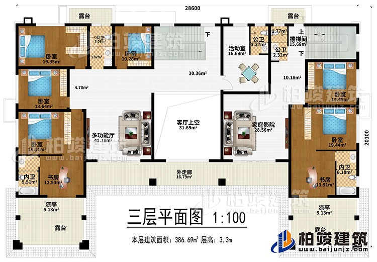 三層：多功能廳、客廳上空、家庭影院、6臥室、2書房、活動室、3公衛(wèi)、2內(nèi)衛(wèi)、4露臺、2涼亭、外走廊、樓梯間