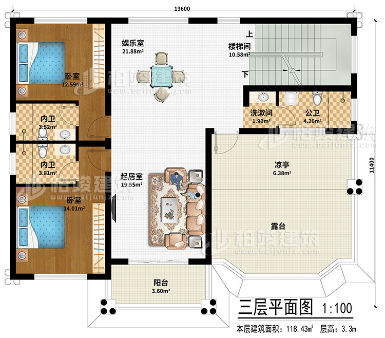 三層：起居室、娛樂室、樓梯間、2臥室、洗漱間、公衛(wèi)、2內(nèi)衛(wèi)、涼亭、陽臺、露臺