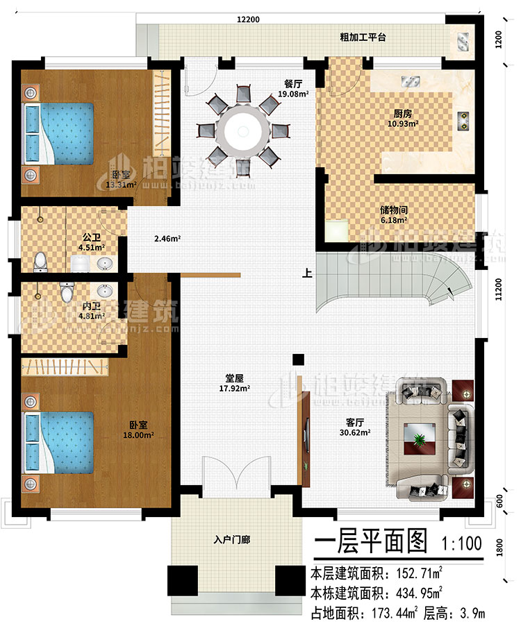 一層：入戶門廊、堂屋、客廳、餐廳、廚房、儲(chǔ)物間、2臥室、公衛(wèi)、內(nèi)衛(wèi)、粗加工平臺(tái)