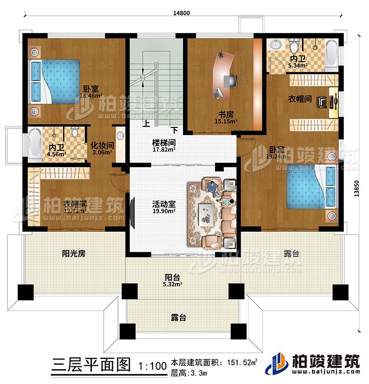 三層：樓梯間、活動室、2臥室、2衣帽間、化妝間、2內(nèi)衛(wèi)、書房、陽臺、陽光房、2露臺