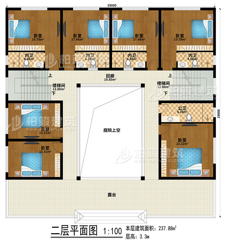 二層：回廊、露臺(tái)、庭院上空、2樓梯間、7臥室、4內(nèi)衛(wèi)、公衛(wèi)