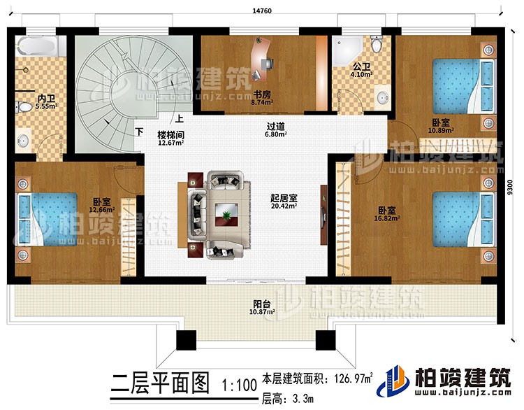 二層：起居室、樓梯間、過道、3臥室、書房、公衛(wèi)、內(nèi)衛(wèi)、陽臺