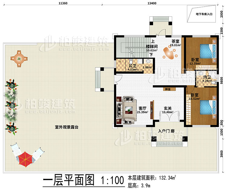 一層：起居室、樓梯間、書(shū)房、3臥室、衣帽間、公衛(wèi)、內(nèi)衛(wèi)、陽(yáng)臺(tái)