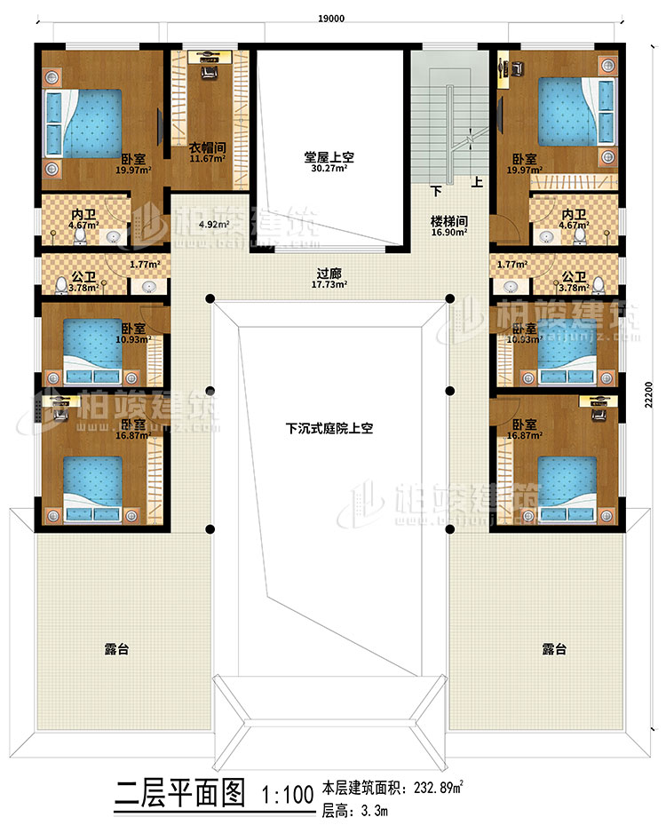 二層：下沉式庭院上空、堂屋上空、樓梯間、過廊、6臥室、衣帽間、2公衛(wèi)、2內(nèi)衛(wèi)、露臺