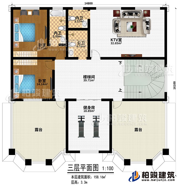 三層：2臥室、KTV室、樓梯間、健身房、公衛(wèi)、2內(nèi)衛(wèi)、2露臺