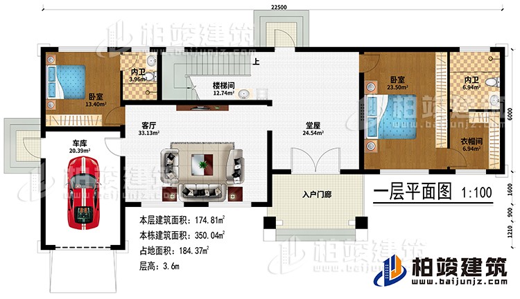 一層:入戶門廊、堂屋、客廳、車庫(kù)、樓梯間、2臥室、衣帽間、2內(nèi)衛(wèi)