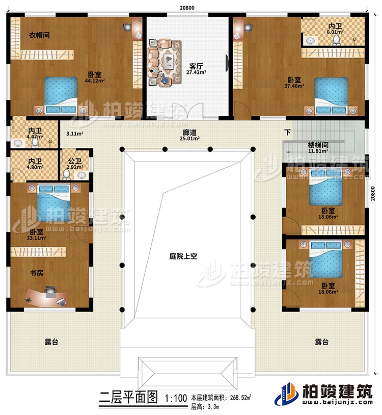 二層：樓梯間、廊道、庭院上空、客廳、5臥室、衣帽間、書房、3內(nèi)衛(wèi)、公衛(wèi)、2露臺