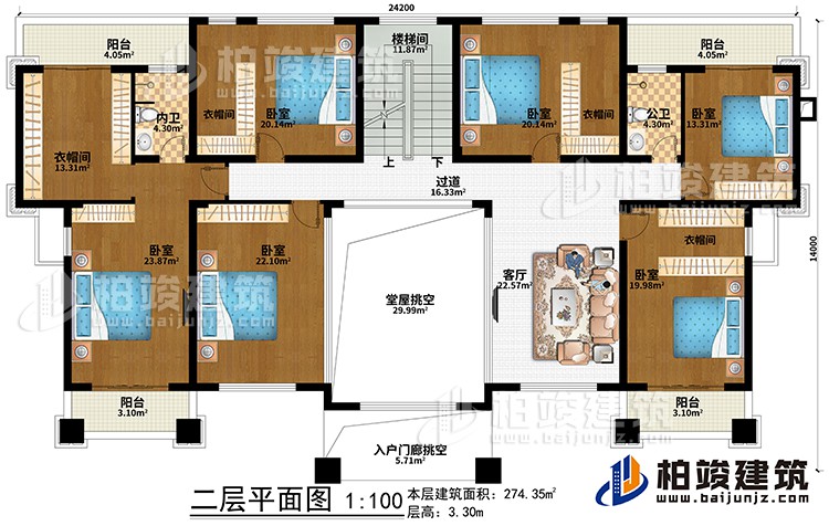 二層：堂屋挑空、入戶門廊挑空、客廳、過道、樓梯間、6臥室、4衣帽間、公衛(wèi)、內(nèi)衛(wèi)、4陽臺