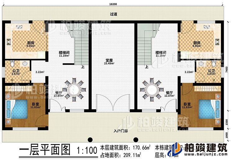 一層：入戶門廊、過道、堂屋、2廚房、2樓梯間、2餐廳、2臥室、2公衛(wèi)