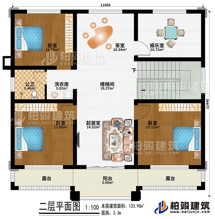 二層：樓梯間、起居室、茶室、3臥室、娛樂室、洗衣房、公衛(wèi)、陽(yáng)臺(tái)、2露臺(tái)