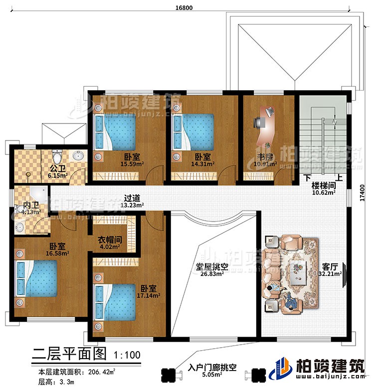 二層：樓梯間、客廳、堂屋挑空、入戶門廊挑空、4臥室、衣帽間、書房、公衛(wèi)、內(nèi)衛(wèi)