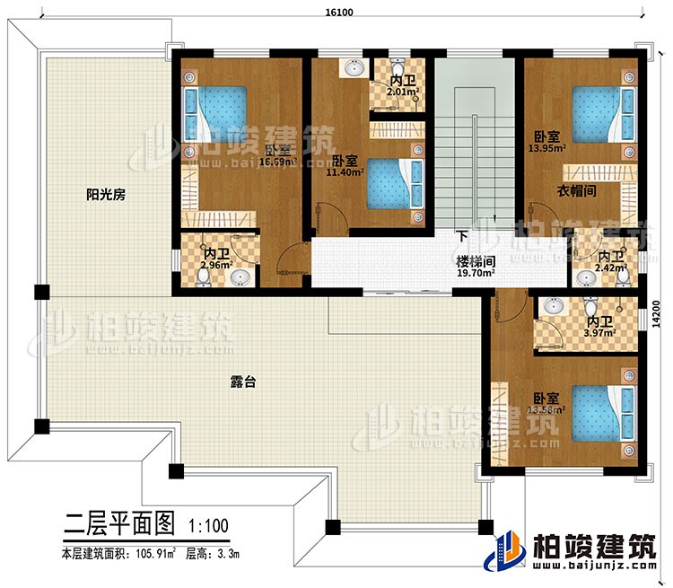 二層：4臥室、衣帽間、樓梯間、4內(nèi)衛(wèi)、陽光房、露臺