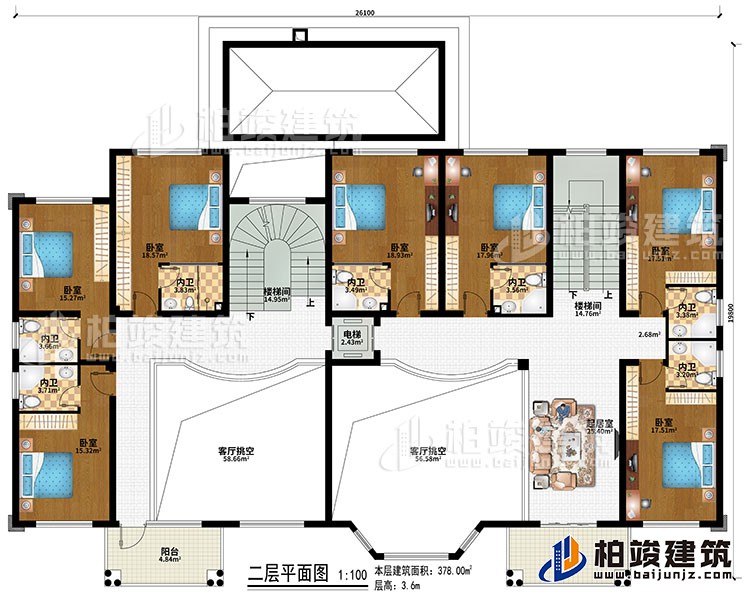 二層：2樓梯間、2客廳挑空、起居室、7臥室、7內(nèi)衛(wèi)、電梯、2陽臺(tái)