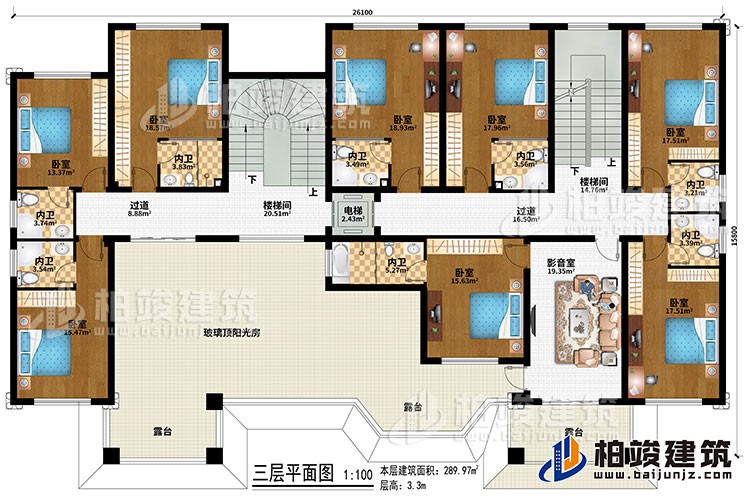 三層：2樓梯間、2過道、影音室、8臥室、2內(nèi)衛(wèi)、3露臺(tái)、玻璃頂陽光房、電梯