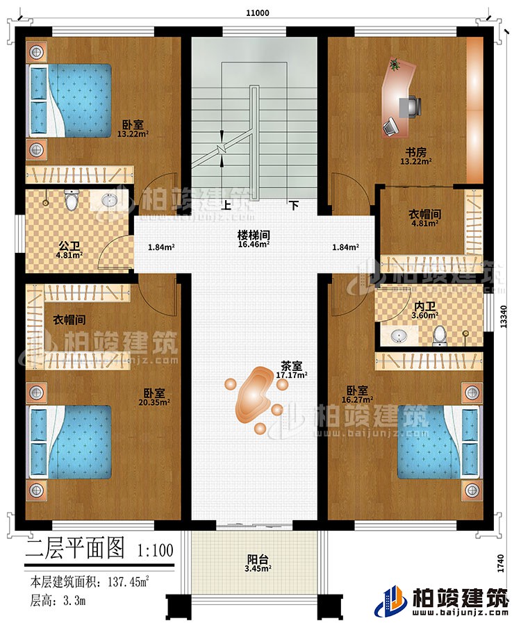 二層：樓梯間、3臥室、2衣帽間、書房、茶室、公衛(wèi)、內(nèi)衛(wèi)、陽臺(tái)