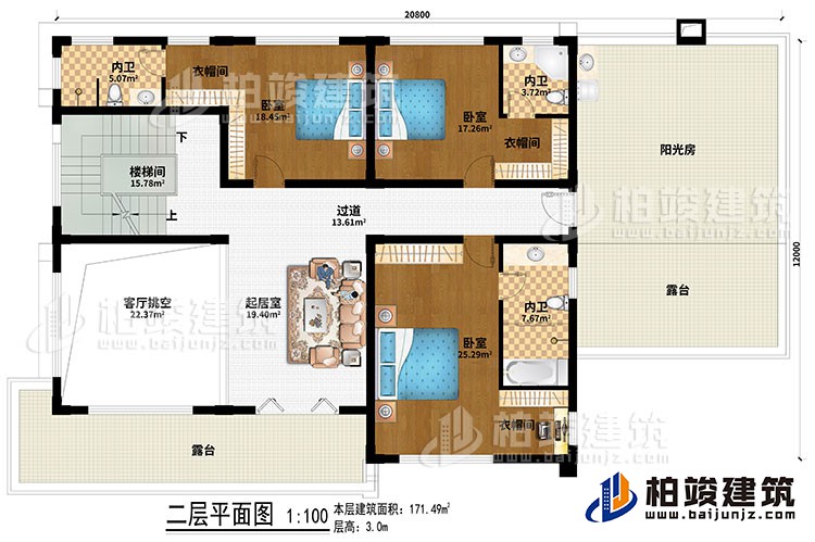 二層：樓梯間、客廳挑空、起居室、過(guò)道、3臥室、3衣帽間、3內(nèi)衛(wèi)、陽(yáng)光房、2露臺(tái)