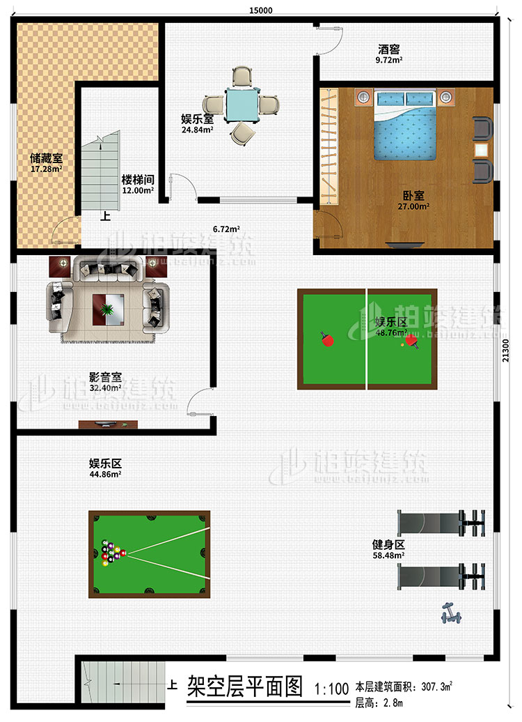 架空層：儲藏室、樓梯間、娛樂室、酒窖、臥室、影音室、2娛樂區(qū)、健身區(qū)