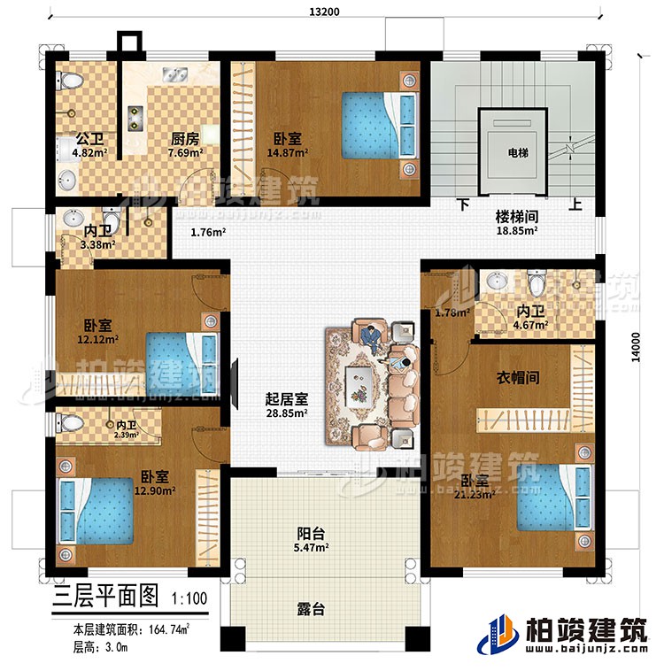 三層：電梯、樓梯間、廚房、起居室、4臥室、衣帽間、3內衛(wèi)、公衛(wèi)、陽臺、露臺