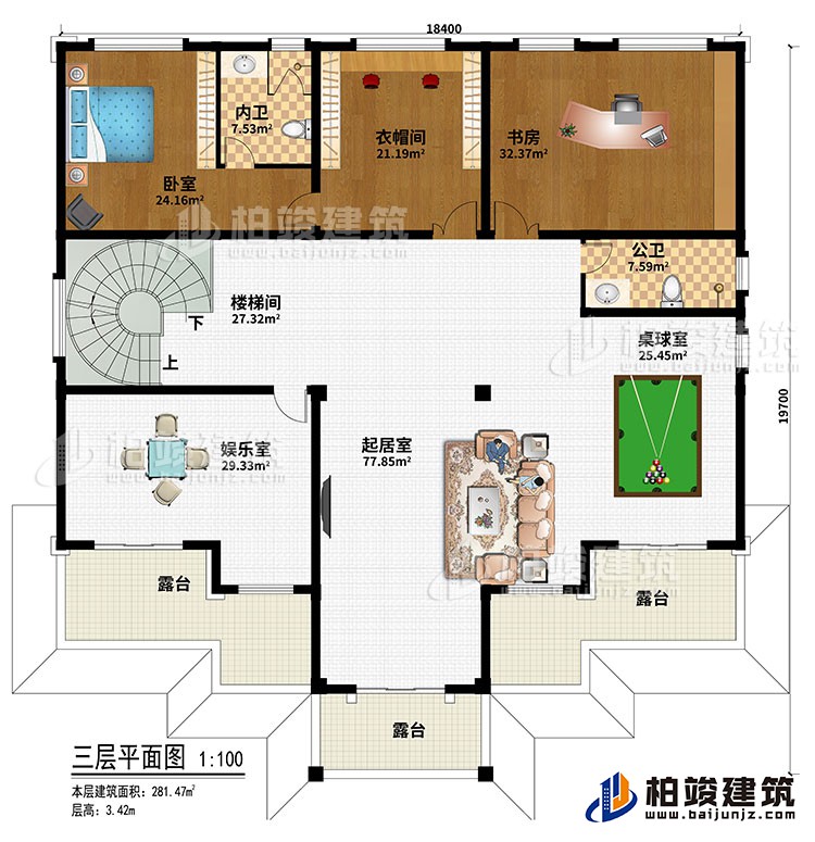 三層：臥室、衣帽間、書房、樓梯間、起居室、桌球室、娛樂室、公衛(wèi)、內(nèi)衛(wèi)、3露臺